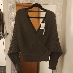 Women’s Olive Wrap Ribbed V-Neck Sweater